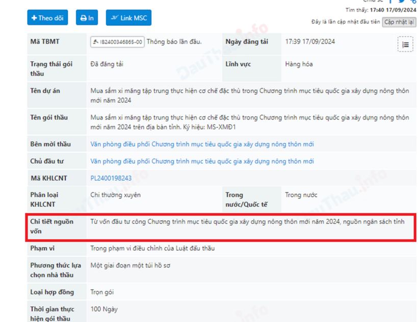 Gói thầu sử dụng nguồn vốn đầu tư công Chương trình MTQG xây dựng nông thôn mới năm 2024, nguồn ngân sách tỉnh.