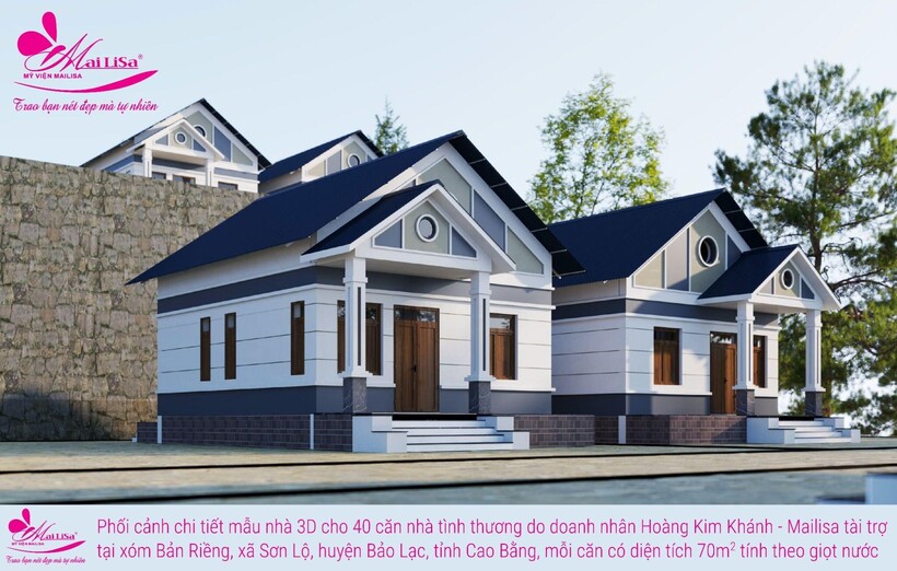 Hình 3D 40 căn nhà vợ chồng anh chị Mai Khánh xây tặng cho bà con xã Sơn Lộ, huyện Bảo Lạc, tỉnh Cao Bằng sao cơn bão Yagi