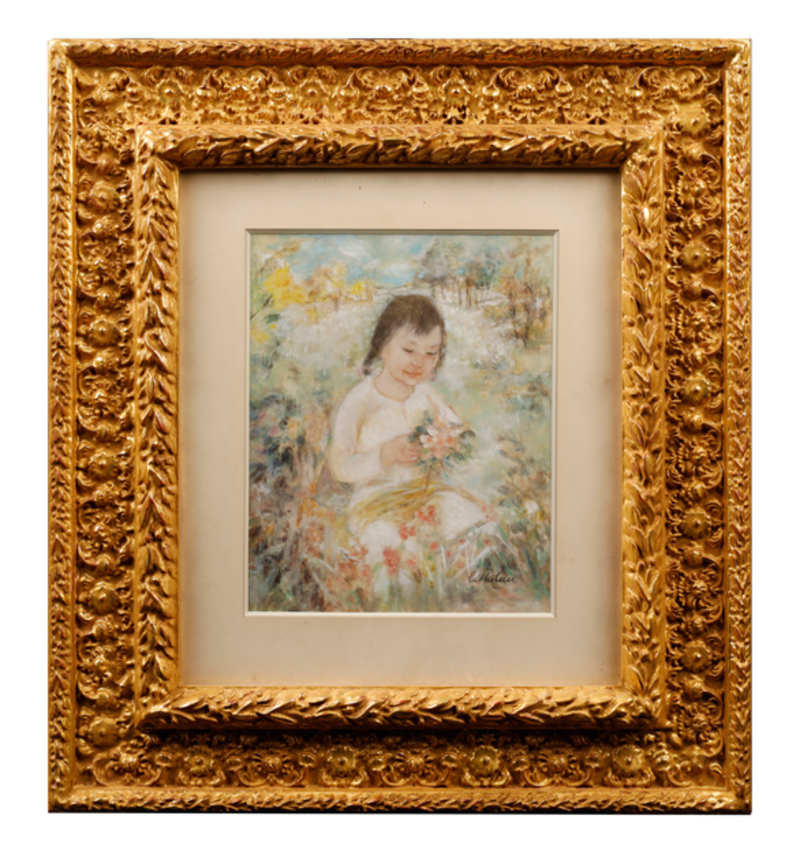 Họa sĩ Lê Thị Lựu, “Em bé trong vườn hoa”, mực và màu trên lụa, 35 x 21 cm. Gõ búa: 200.000$