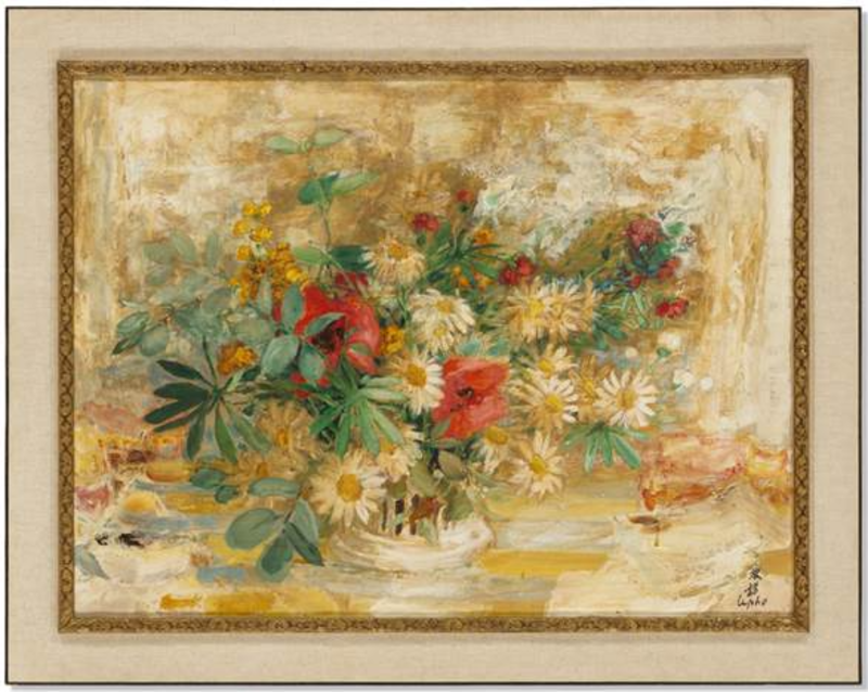 Họa sĩ Lê Phổ, “Hoa cúc và hoa anh túc”, sơn dầu trên lụa bồi trên bảng gỗ, 67.3 x 91.4 cm. Gõ búa: 120.000$