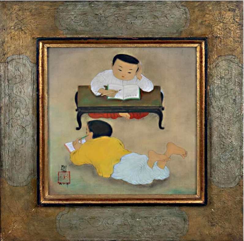 Họa sĩ Mai Trung Thứ, “Hai đứa trẻ”, mực và màu trên lụa, 22.5 x 22.5 cm. Gõ búa: 80.000$