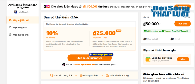 Temu đã điều chỉnh hoa hồng chương trình tiếp thị liên kết chỉ còn 10% giá trị đơn hàng và 25 nghìn đồng cho mỗi khách hàng mới.