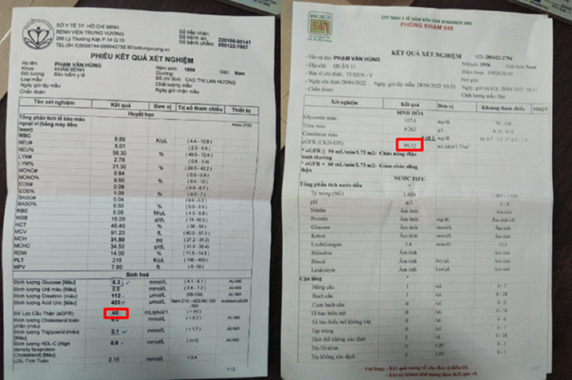 Kết quả xét nghiệm chỉ số độ lọc cầu thận (eGFR) của ông Hùng đã về mức bình thường (>90) sau 2 tháng dùng Ích Thận Vương