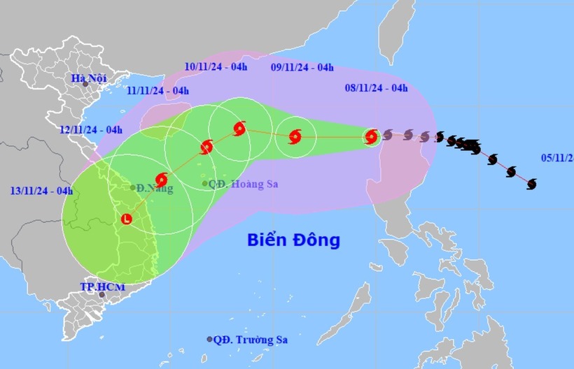 Dự báo vị trí và hướng di chuyển bão số 7 lúc 4h sáng 8/11. Ảnh: Tuổi trẻ