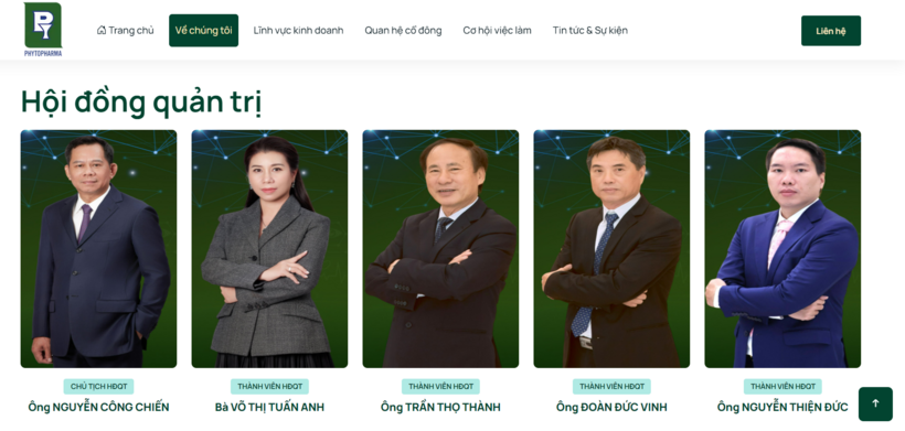Hội đồng quản trị của CTCP Dược Liệu Trung ương 2 (Ảnh chụp màn hình từ phytopharma.vn)