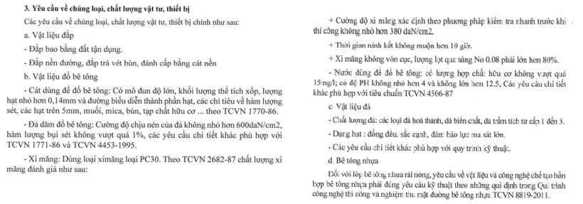 Trích một số yêu cầu kỹ thuật tại gói thầu số 05: Thi công xây dựng công trình và đảm bảo giao thông trị giá 46,9 tỷ đồng. Ảnh chụp màn hình.