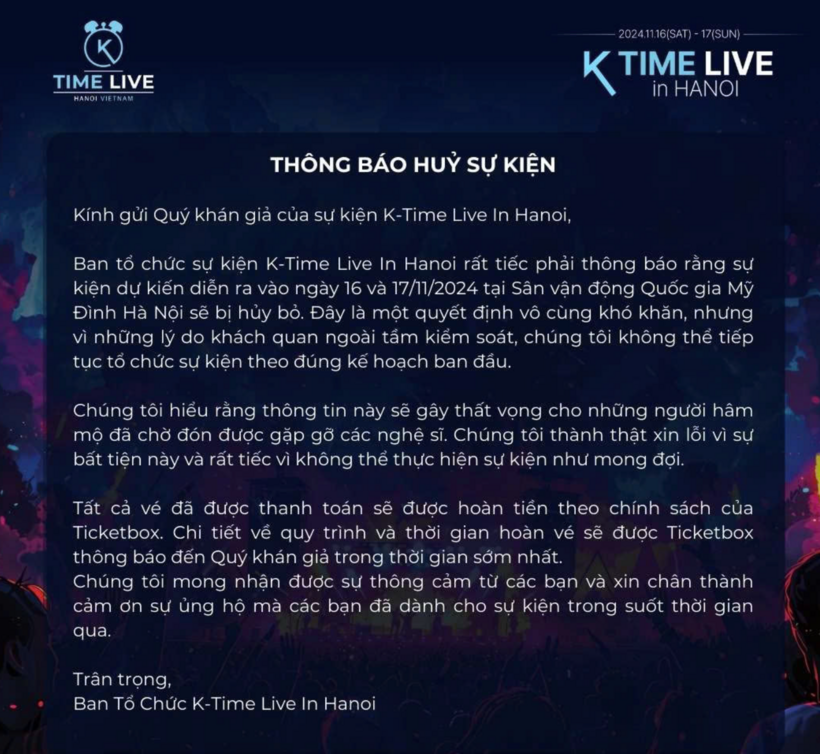 Thông báo hủy sự kiện của BTC "K-Time Live in Hanoi".