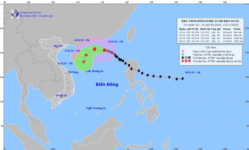 Bão Toraji đổi hướng thêm 2 lần, sắp tan trên Biển Đông. (Ảnh: nchmf)