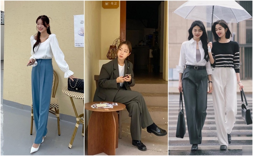 Giày cao gót và giày loafers phối với quần ống rộng.