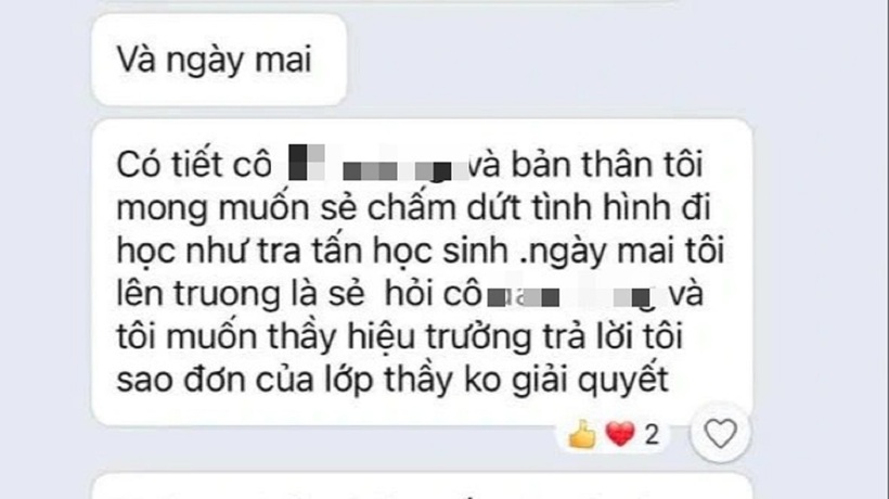 Tin nhắn của một phụ huynh trong nhóm lớp bức xúc cho rằng nữ giáo viên có hành vi đánh, chửi học sinh. Ảnh: Thanh niên