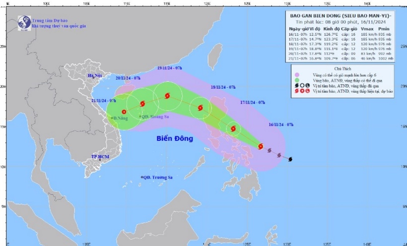 Đường đi của siêu bão MAN-YI lúc 08h/16/11/2024