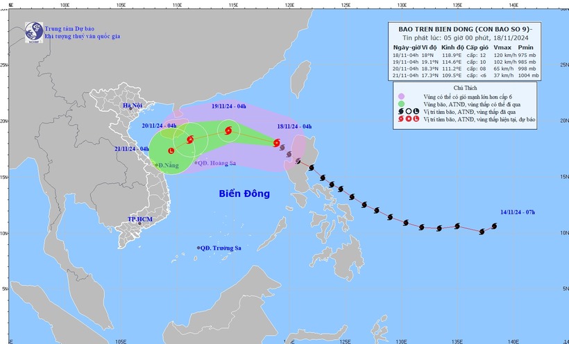 Hướng di chuyển của bão số 9. (Ảnh: nchmf)