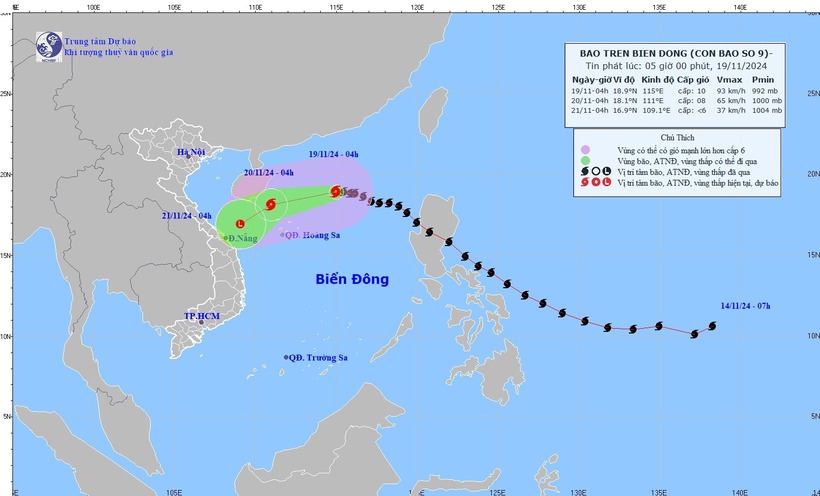 Dự báo đường đi bão số 9. Ảnh: NCHMF