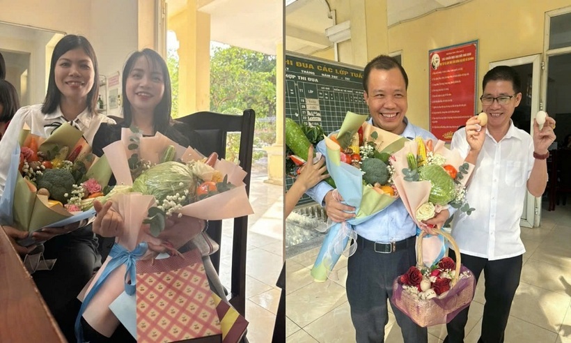 Các thầy cô hào hứng ghi lại hình ảnh kỷ niệm với những món quà độc đáo các em gửi tặng.