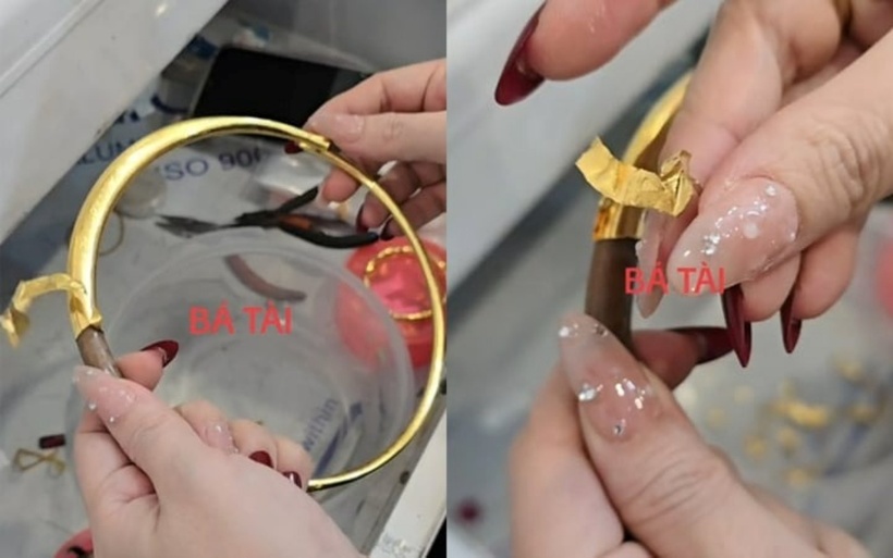 Chiếc kiềng vàng không được làm hoàn toàn bằng vàng mà chỉ được phủ một lớp vàng lá rất mỏng xung quanh phần lõi bằng chất liệu khác. Ảnh: VTC News.