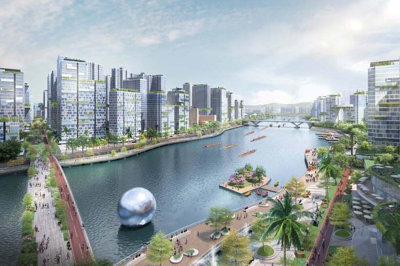 Phối cảnh kênh nước giữa các đảo nhân tạo thuộc dự án Lantau Vision Tomorrow tại Hồng Kông Nguồn: LegCo
