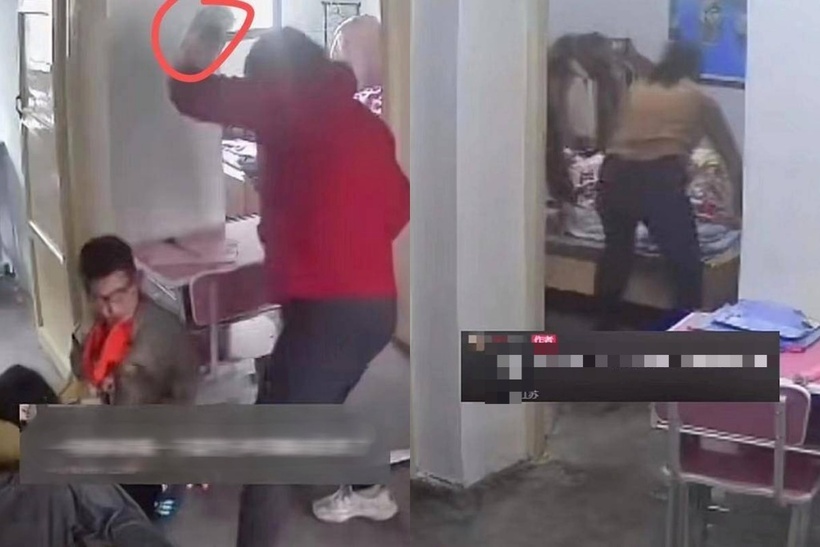 Bà nội đánh con gái lớn trên giường trong phòng ngủ, khi hai đứa trẻ ra phòng khách, bà tiếp tục dùng dép đánh cả hai. Ảnh: Sohu.