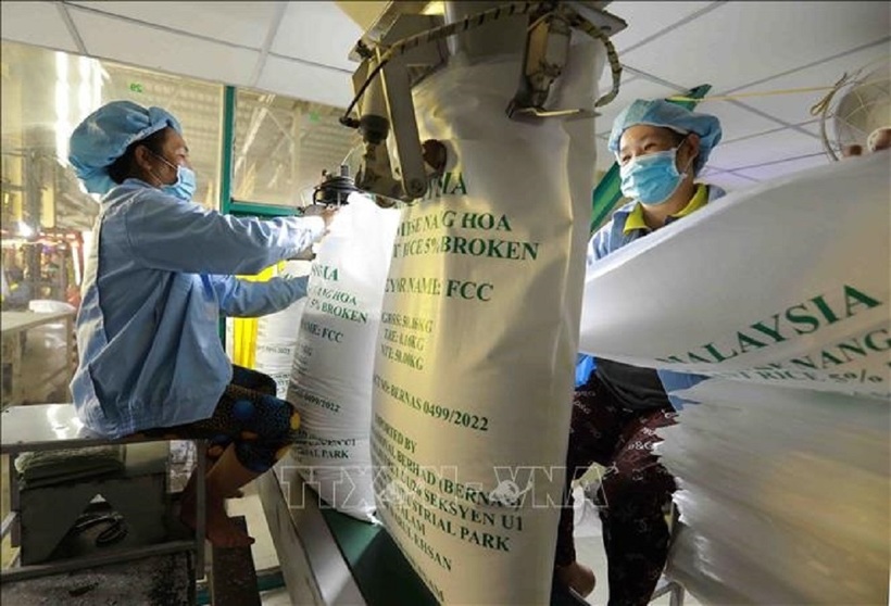 Đóng bao sản phẩm gạo xuất khẩu của Công ty TNHH gạo Vinh Phát ở thành phố Long Xuyên (An Giang). Ảnh: Vũ Sinh/TTXVN.