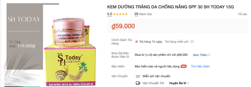 Mặc dù có văn bản thu hồi, nhưng sản phẩm kem dưỡng trắng da, chống nắng SPF 30 vẫn được bán trên sàn thương mại điện tử với giá 59.000 đồng. Ảnh: Chụp màn hình