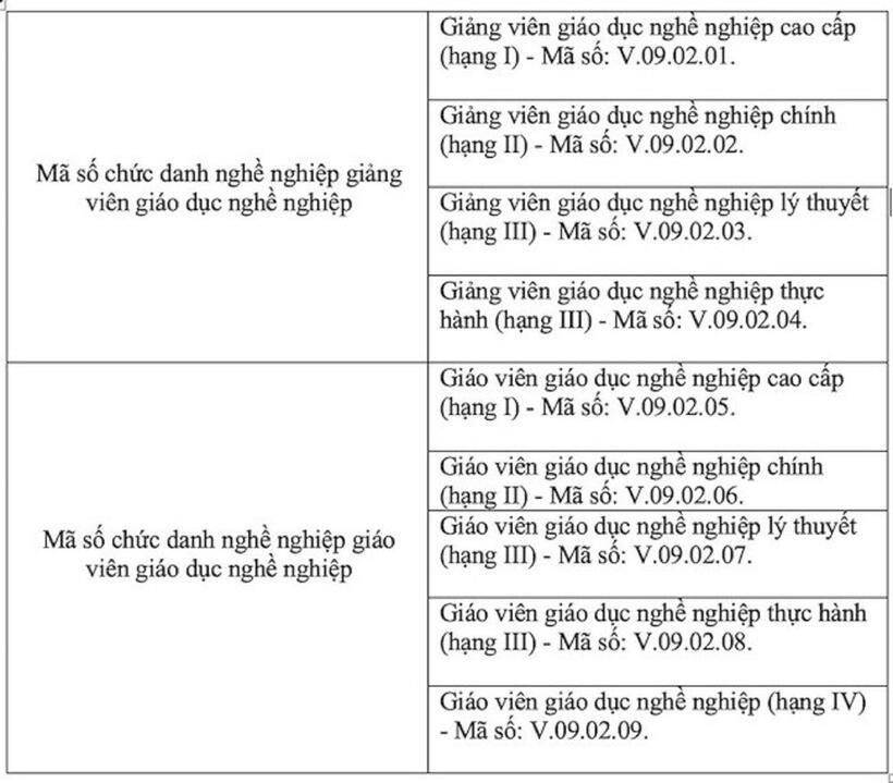 Mã số các hạng chức danh nghề nghiệp viên chức chuyên ngành giáo dục nghề nghiệp được thông tư sửa đổi. Ảnh: Lao động