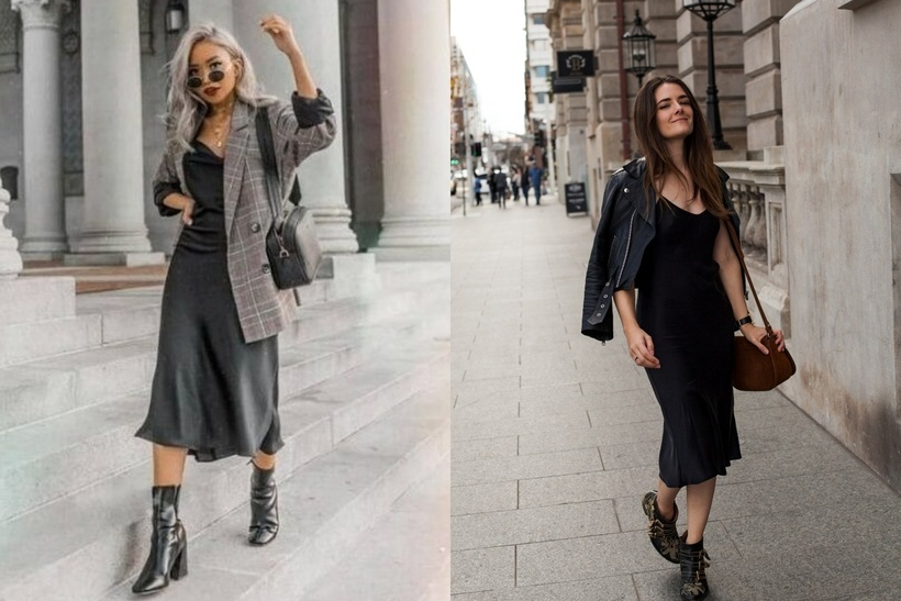 Chiếc váy lụa có thể trở thành tâm điểm của sự chú ý khi kết hợp với các loại áo khoác.