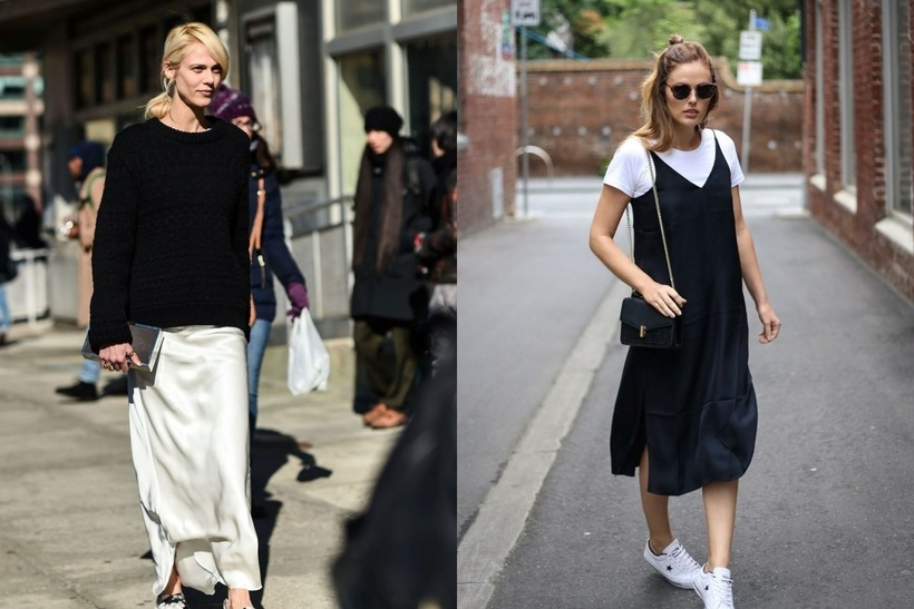 Bạn có thể kết hợp váy lụa với một chiếc áo len mỏng hoặc áo thun basic.