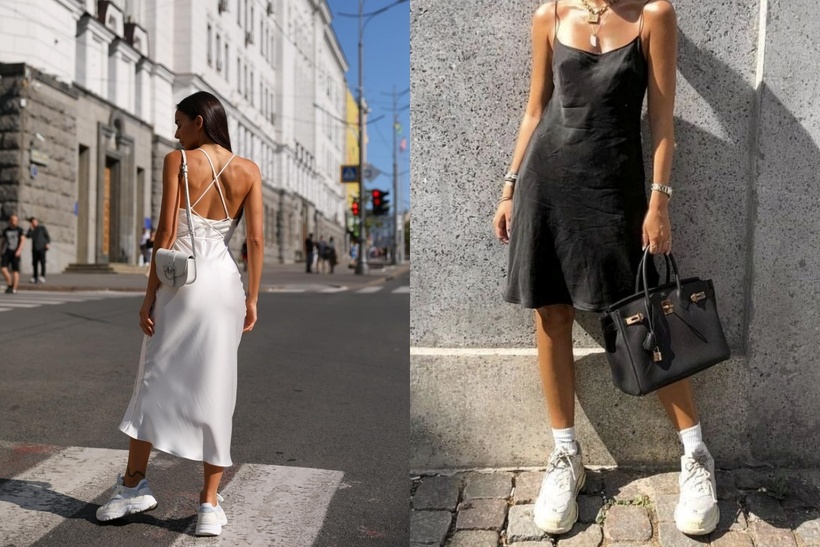 Sự tương phản giữa vẻ mềm mại của váy lụa và nét khỏe khoắn của sneaker sẽ mang đến một diện mạo hiện đại và trẻ trung.