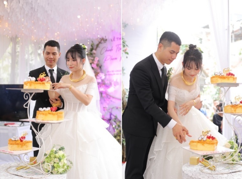 Đám cưới của Chính Trương và Thu Hường còn dùng bánh bông lan trứng muối thay cho bánh kem. Ảnh: Vietnamnet.