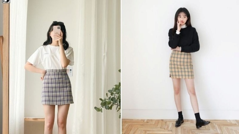 Chân váy caro kết hợp cùng áo thun là một outfit lý tưởng cho các nàng từ trường học đến công sở.