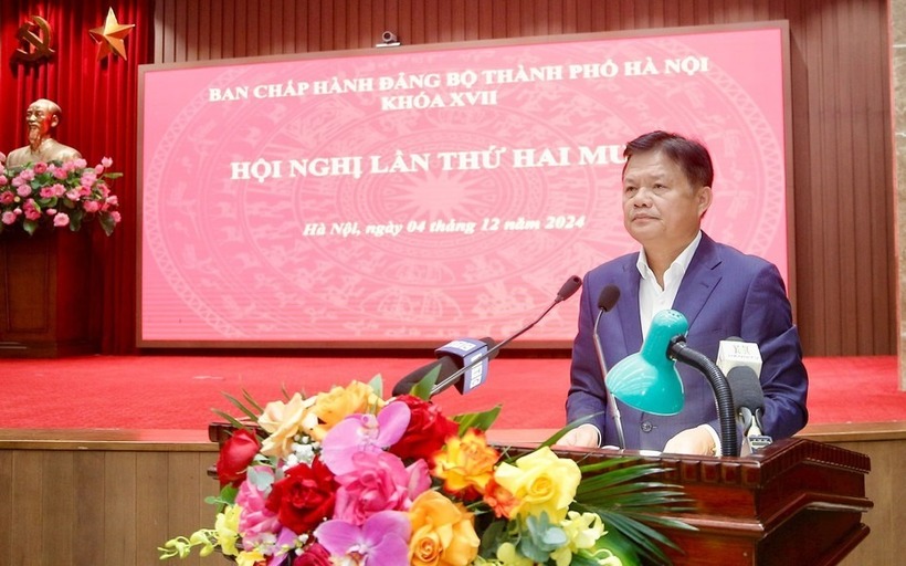 Trưởng ban Tổ chức Thành ủy Hà Nội Vũ Đức Bảo tại hội nghị.