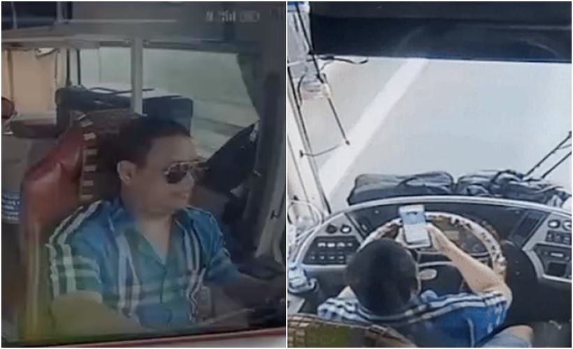 Tài xế dùng khuỷu tay lái xe, trong khi 2 bàn tay sử dụng điện thoại. (Ảnh: Tuổi trẻ)