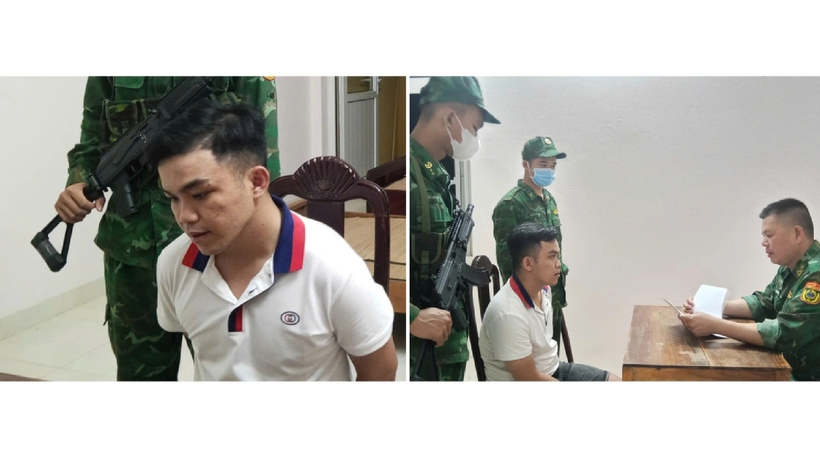 Thượng tá Phạm Thành Trung lấy lời khai đối tượng Võ Chí Bảo. - Ảnh: Bộ đội biên phòng Long An.
