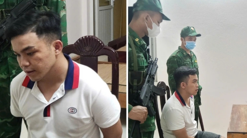 Thượng tá Phạm Thành Trung lấy lời khai đối tượng Võ Chí Bảo. - Ảnh: Bộ đội biên phòng Long An.