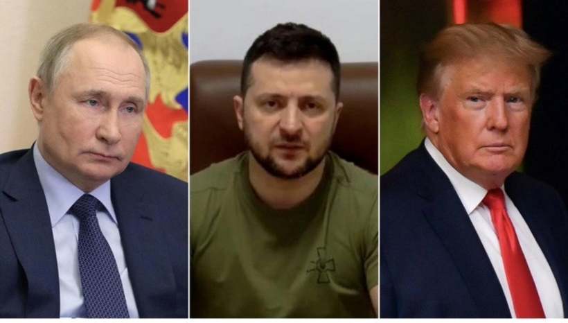 Tổng thống Nga Vladimir Putin, Tổng thống Ukraine Volodymyr Zelensky và Tổng thống đắc cử Mỹ Donald Trump (từ bên trái sang). Ảnh: CNN