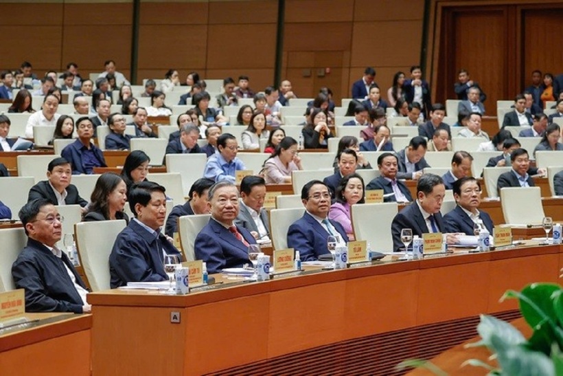 Tổng Bí thư Tô Lâm, Chủ tịch nước Lương Cường, Thủ tướng Chính phủ Phạm Minh Chính, Chủ tịch Quốc hội Trần Thanh Mẫn dự Hội nghị toàn quốc quán triệt, triển khai tổng kết việc thực hiện Nghị quyết số 18 của Ban Chấp hành Trung ương Đảng khóa XII (Ảnh: Quochoi.vn).