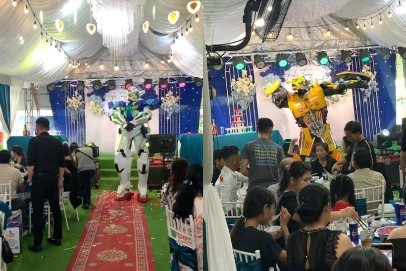 Hôn lễ của chú rể Hải Tường và cô dâu Thanh Trúc là đám cưới đầu tiên ở nơi cặp đôi này sinh sống thuê mô hình khổng lồ về hoạt náo. Ảnh: Báo Dân trí.