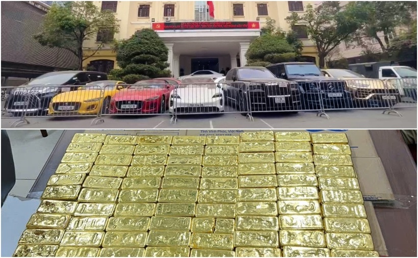 Nhiều xe hạng sang cùng tiền vàng là tang vật của vụ án. (Ảnh: Công an)