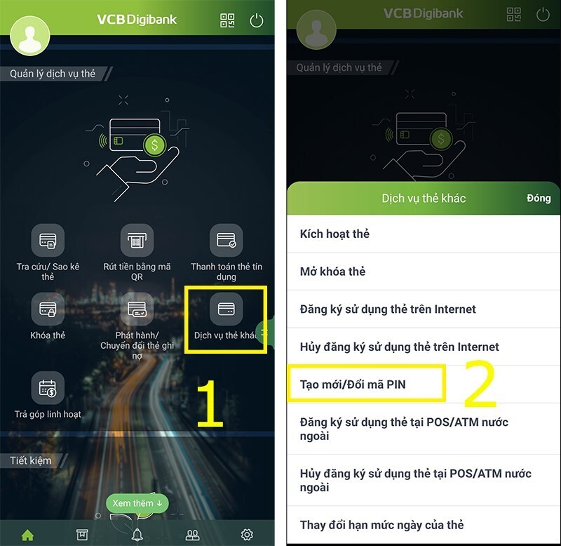 Chọn Dịch vụ thẻ khác rồi chọn Tạo mới/Đổi mã PIN. (Ảnh: Internet)