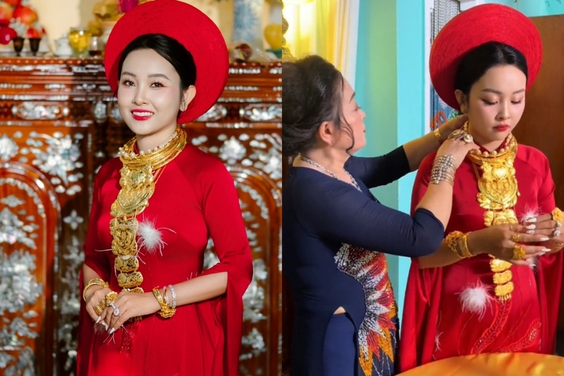 Cô dâu diện trang phục áo dài truyền thống màu đỏ vô cùng xinh đẹp, môi luôn nở nụ cười rạng rỡ. Ảnh: Phụ nữ mới/Saostar.