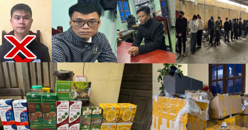 Đối tượng Nguyễn Văn Anh (X) cùng các đối tượng trong đường dây lừa đảo và các tang vật thu giữ. (Ảnh: Thái Thanh)