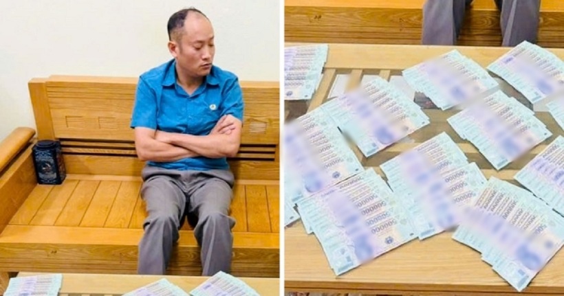 Cảnh sát bắt quả tang ông Luận đang nhận 60 triệu đồng từ chủ doanh nghiệp (Ảnh: Công an Bắc Giang).