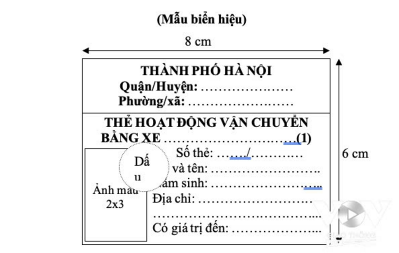 Mẫu thẻ hoạt động vận chuyển dành cho xe ôm, shipper do UBND TP. Hà Nội đề xuất. Ảnh: VOV