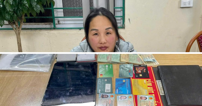 Trần Thị Thủy cùng tang vật tại cơ quan công an. (Ảnh: Công an Hòa Bình)