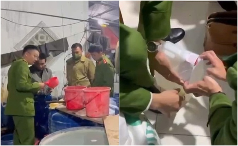 Công an niêm phong các can nhựa đựng hóa chất gây hại cho sức khỏe phục vụ công tác điều tra. (Ảnh: Tiền phong)