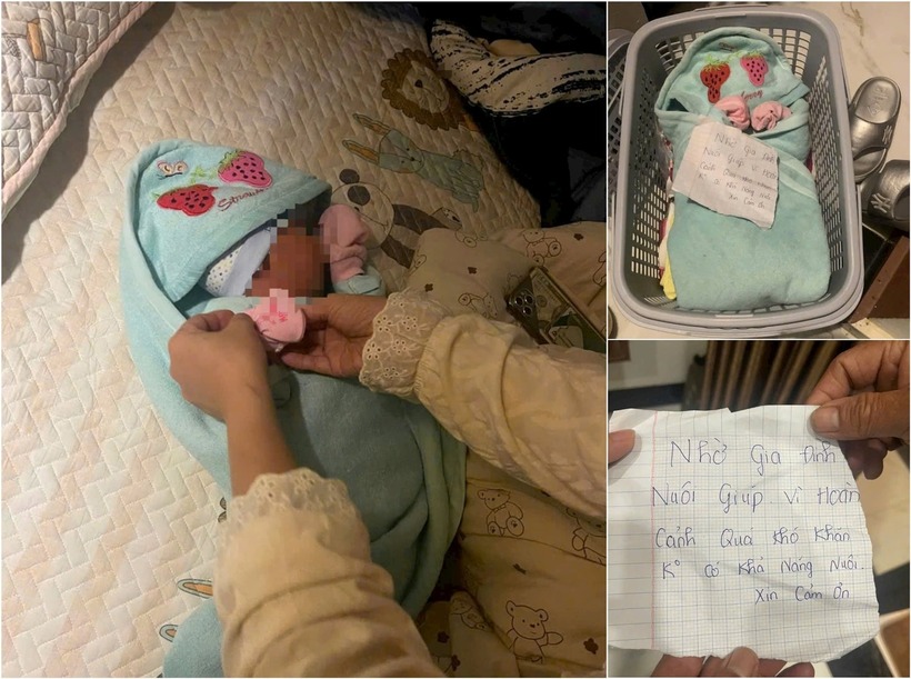 Bé trai bị bỏ lại trong giỏ nhựa kèm theo một số đồ vật và mảnh giấy ghi: “Nhờ gia đình nuôi giúp”. (Ảnh: Đại đoàn kết)