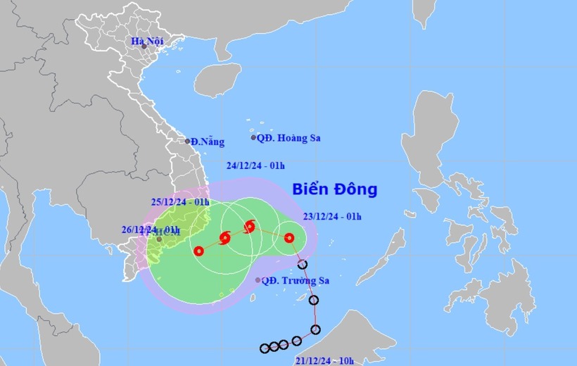 Dự báo vị trí và hướng di chuyển áp thấp nhiệt đới lúc 1h sáng 23/12. Ảnh: Tuổi trẻ