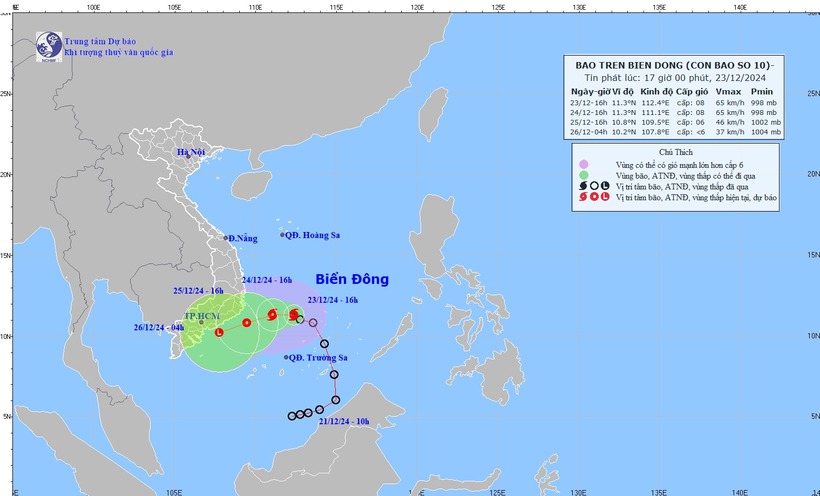 Cập nhật vị trí bão số 10 chiều 23/12 và dự báo hướng di chuyển trong các ngày tới. (Ảnh: Trung tâm Dự báo Khí tượng Thủy văn Quốc gia)