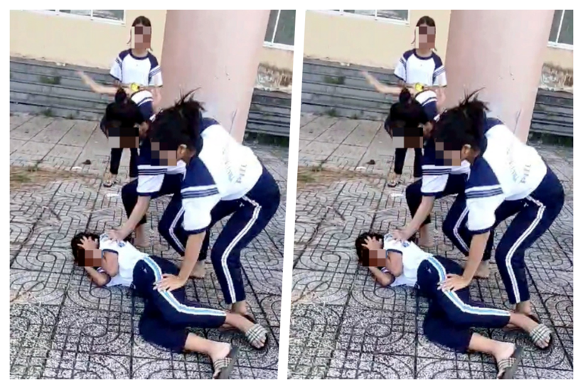 Clip được cho là nhóm nữ sinh đánh hội đồng bạn khác trường ở Vĩnh Long. Ảnh: Dân trí