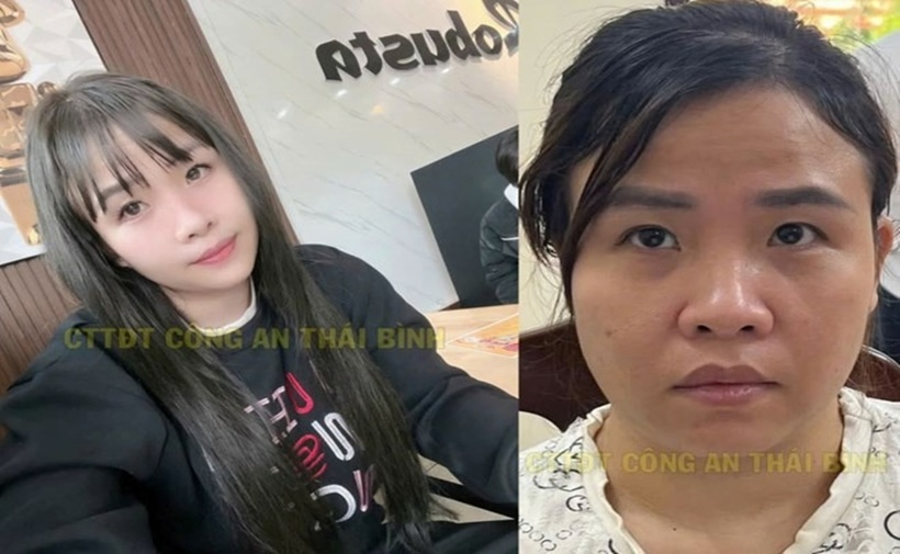 Hình ảnh đối tượng Phạm Thị Liên lúc đăng tải lên mạng xã hội và lúc tại cơ quan điều tra. (Ảnh: Công an tỉnh Thái Bình)