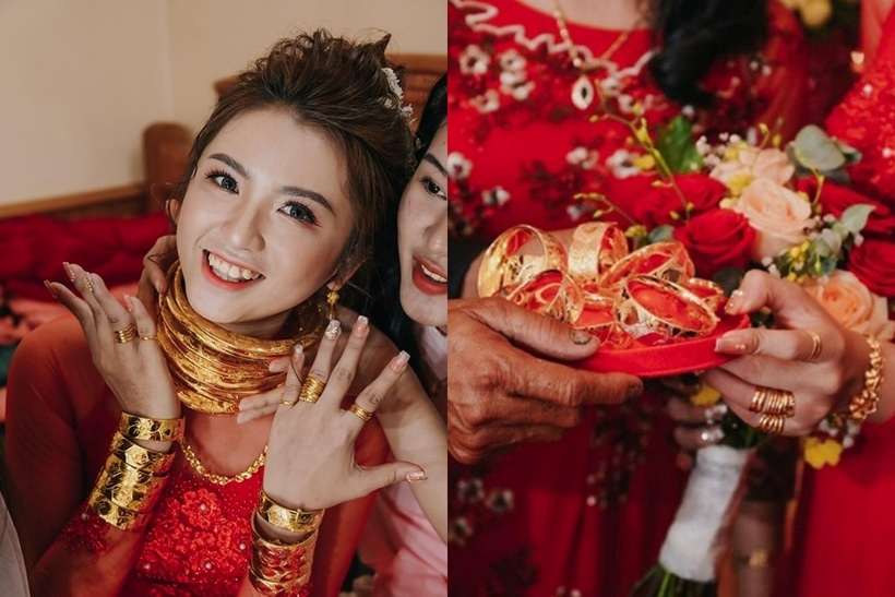 Cô dâu đeo gần 15 chiếc kiềng, dây chuyền vàng trên cổ; hai tay mang nhiều nhẫn nhỏ và 10 lắc vàng bản to… Ảnh: Người đưa tin/Tri thức & cuộc sống.